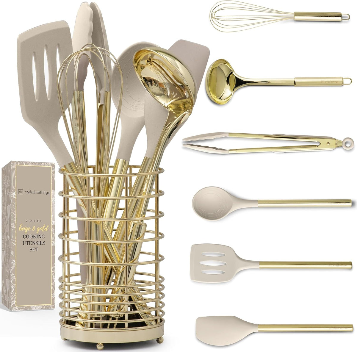 7-Piece Beige & Gold Kitchen Utensils Set – Non-Toxic Silicone & Stainless Steel Tools for Cooking