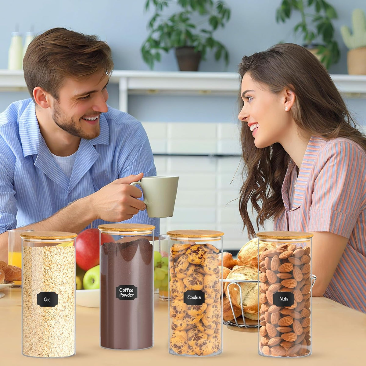 Glass Jars with Bamboo Lids, 58 oz 3 Pcs Kitchen Glass Containers with Bamboo Lids, Airtight Glass