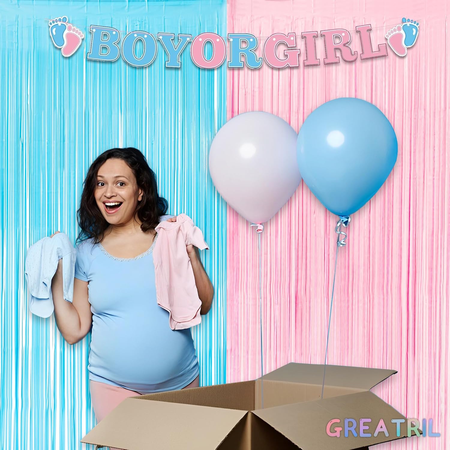 Pink and Blue Party Photo Backdrop - GREATRIL Foil Fringe Tinsel Streamers for
