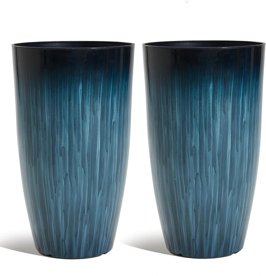 Worth Garden 20" H. Large Plastic Planters - Set of 2 Gradient Blue Glossy Smooth Finish - Tall