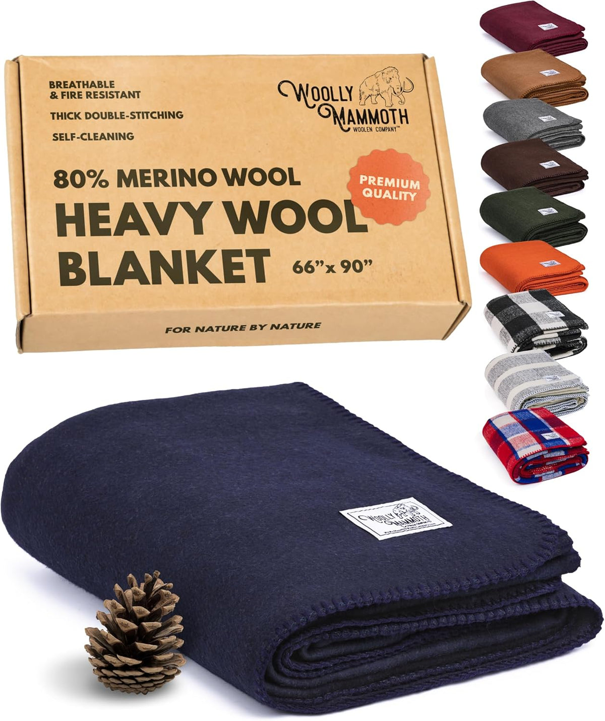 Woolly Mammoth Woolen Company Merino Wool Camping Blanket - 66 x 90 in - Navy Blue - Heavyweight