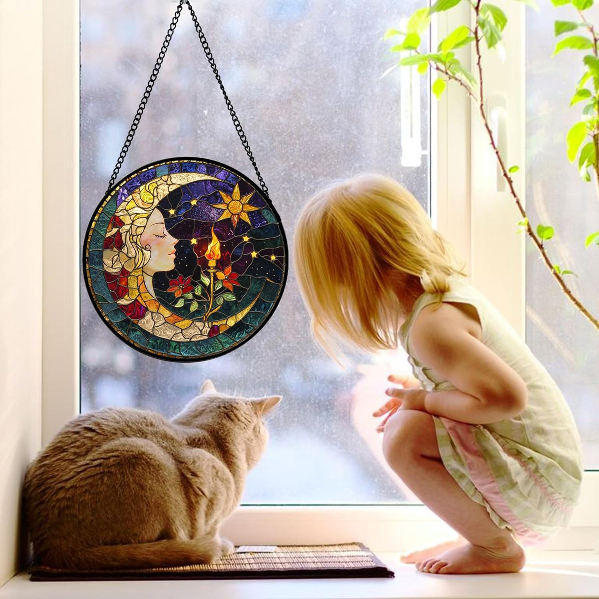 Stained Glass Window Hanging, Moon Goddess Torch Suncatcher Diamond Glass Panel Hangings Dream Sun