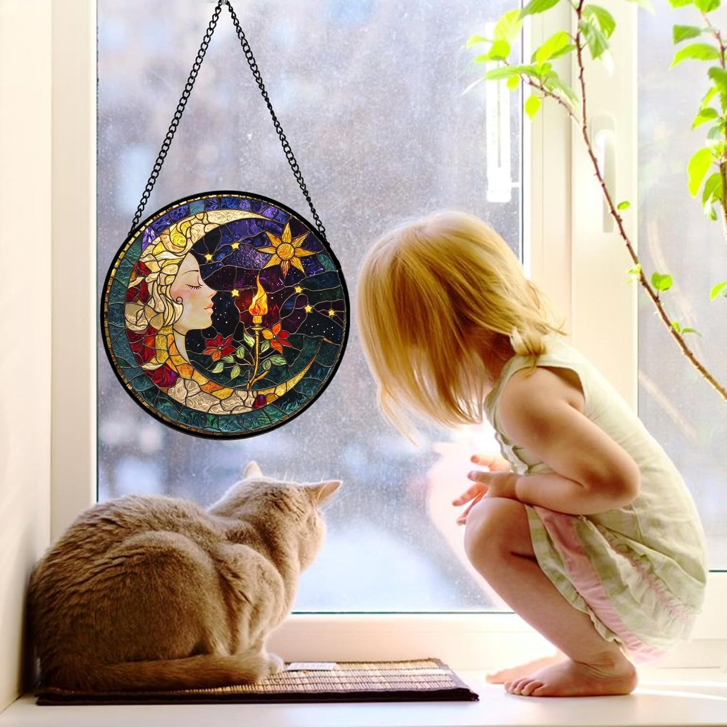 Stained Glass Window Hanging, Moon Goddess Torch Suncatcher Diamond Glass Panel Hangings Dream Sun