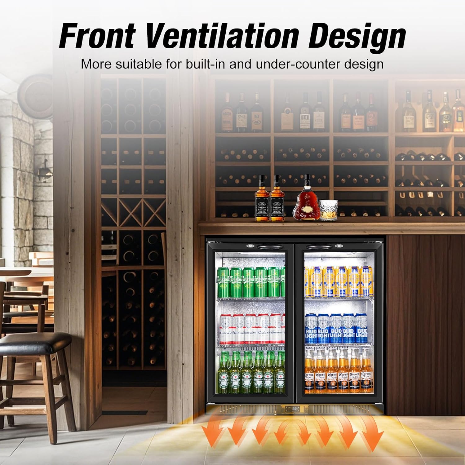Beverage Refrigerator Under Counter, Back Bar Cooler with 2 Glass Door, Commercial Display Fridge
