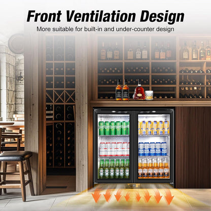 Beverage Refrigerator Under Counter, Back Bar Cooler with 2 Glass Door, Commercial Display Fridge