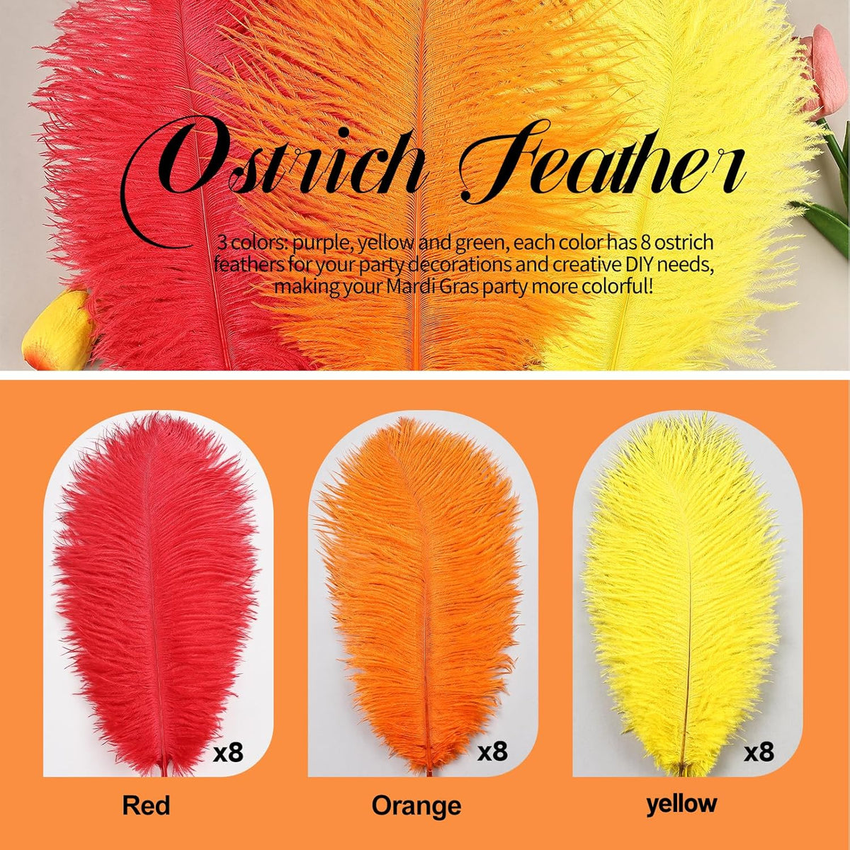 THARAHT Red Orange Yellow Ostrich Feathers 24pcs Natural Bulk 10-12Inch 25cm-30cm for Crafts