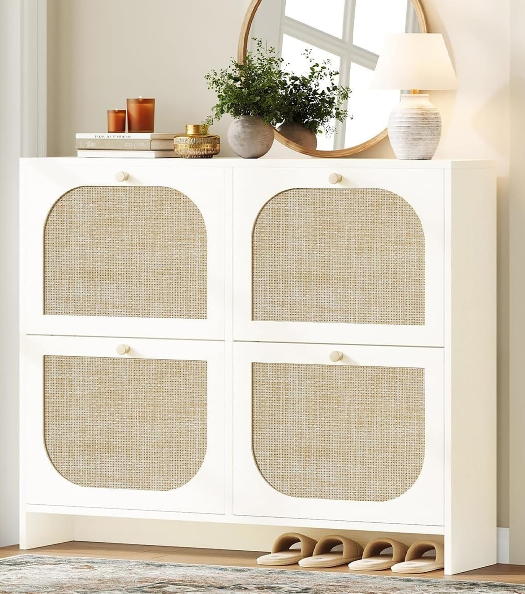 Nicetree Freestanding Ultra Slim Arched Rattan Accent Shoe Storage Cabinet for Entryway - 4 Flip