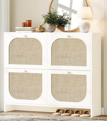 Nicetree Freestanding Ultra Slim Arched Rattan Accent Shoe Storage Cabinet for Entryway - 4 Flip