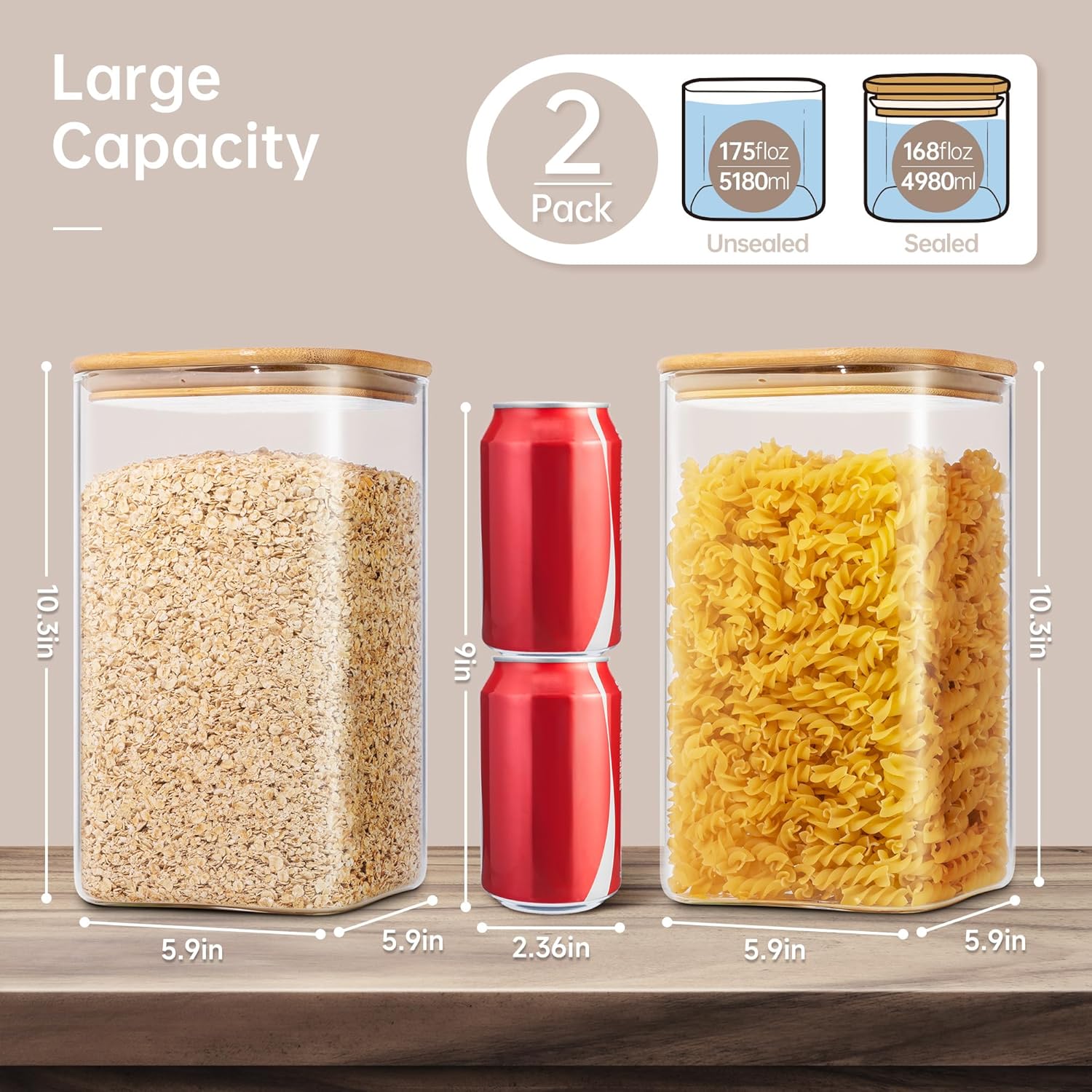 Extra Large Square Glass Flour & Sugar Storage Containers with Airtight Lids, 168 floz - 2 Pack