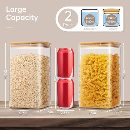 Extra Large Square Glass Flour & Sugar Storage Containers with Airtight Lids, 168 floz - 2 Pack