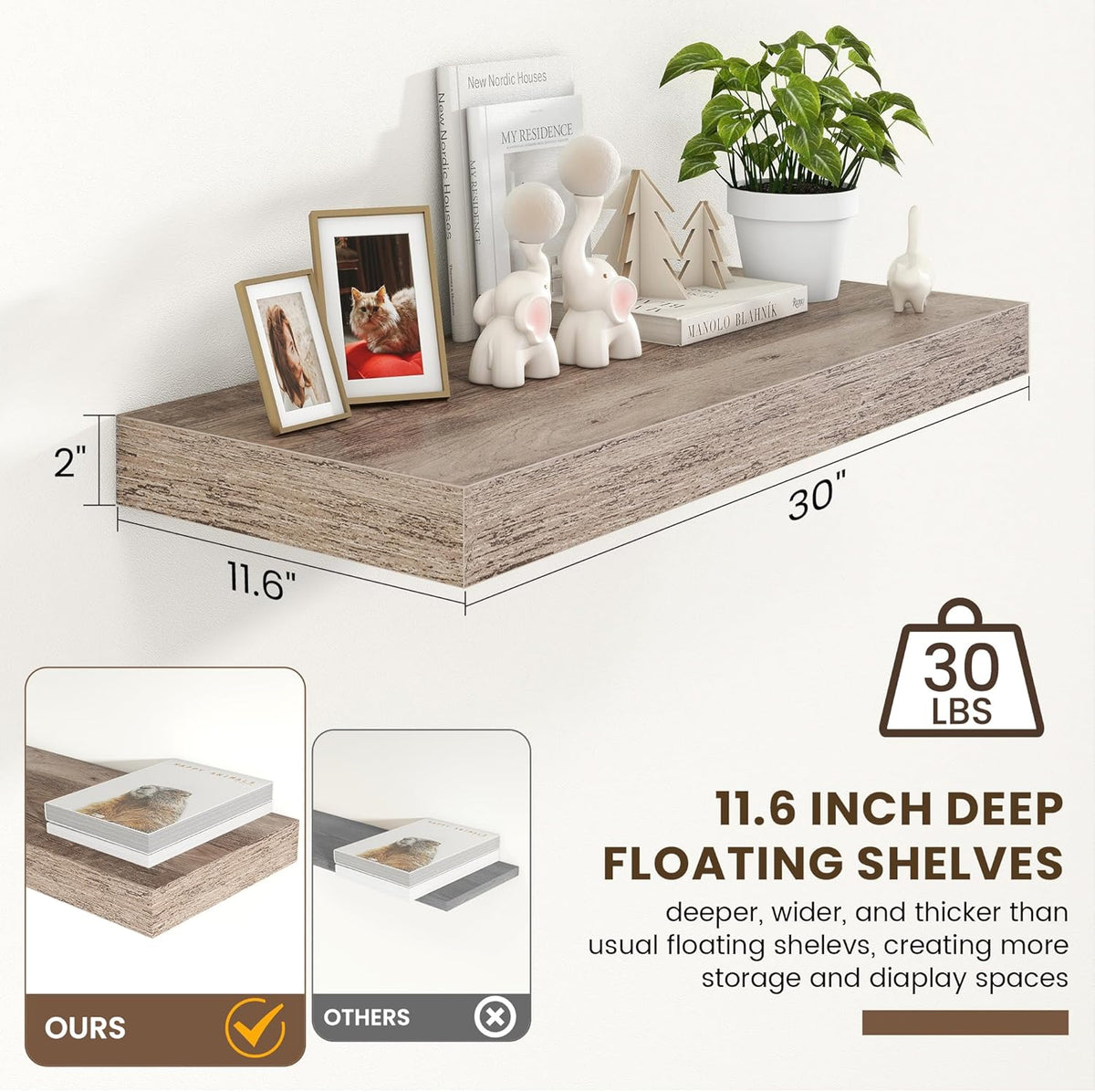 Deep Floating Shelves for Wall | 30 Inch Wide x 12 Inch Deep Floating Shelves | 30W x 12D Rustic