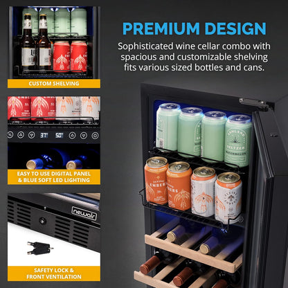 Newair 15" Wine and Beverage Refrigerator 9 Bottle and 48 Can Capacity, Beverage Cooler in