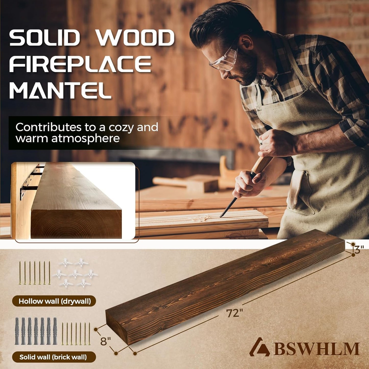 72x8x3 Fireplace Mantel - Solid Rustic Wood - Wall Mounted Floating Shelf with Invisible Heavy Duty