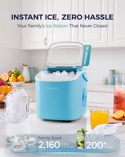 EUHOMY Countertop Ice Maker Machine with Handle, 26lbs Per Day, 9 Ice Cubes Ready in 6 Mins