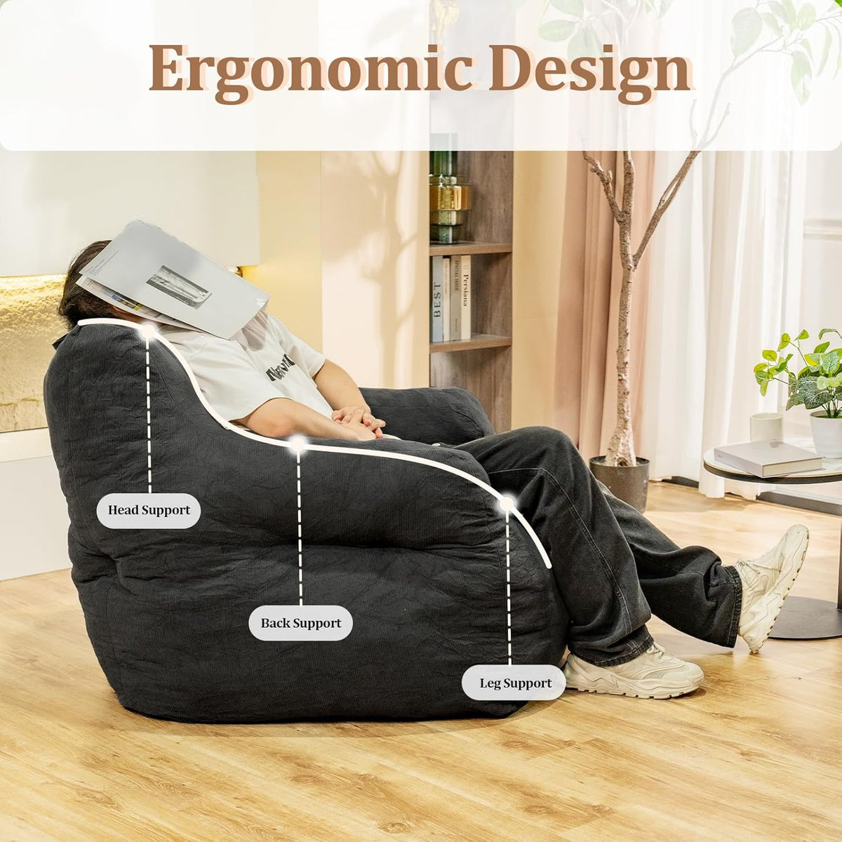 Bean Bag Chairs for Adults Ergonomic Support Reading Floor Sofa Chair with Filler Spacious (Grey)