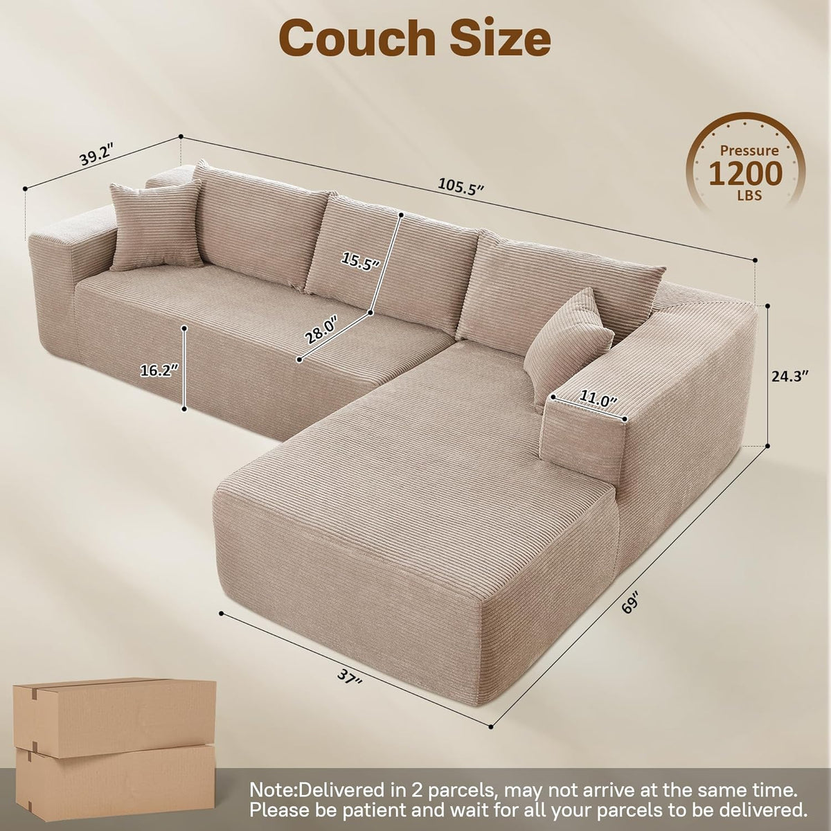 104" Cloud Sectional Couches for Living Room,L Shaped Boneless Couch in A Box,Sleeper Sofa with