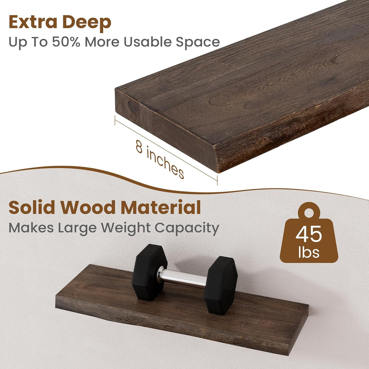 Floating Shelves for Wall Decor, Rustic Solid Elm Wood Live Edge Floating Shelves Wall Mounted