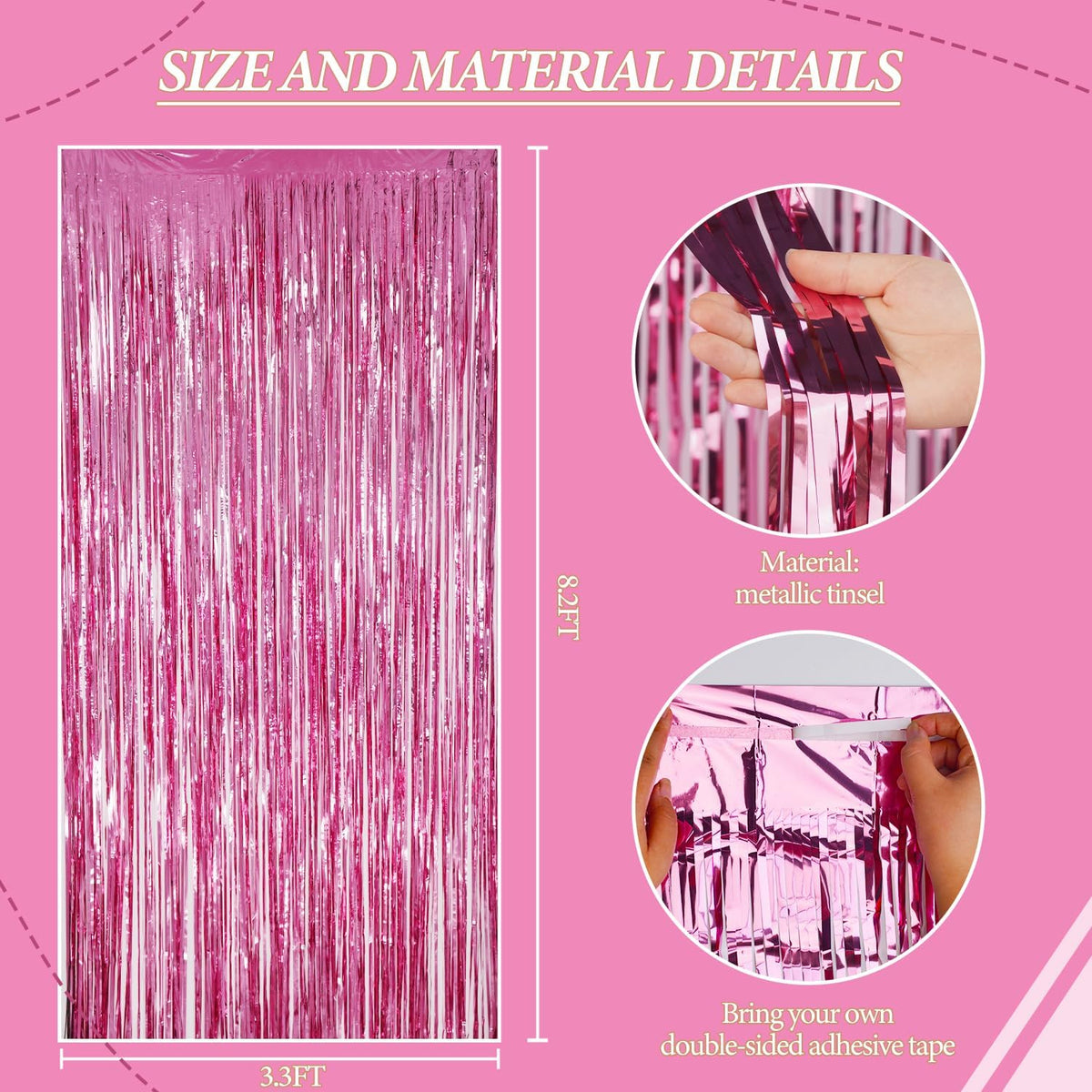 3 Pack Foil Fringe Backdrop - Pink Shiny Tinsel Curtains for Party Decoration/Photo Booth Props