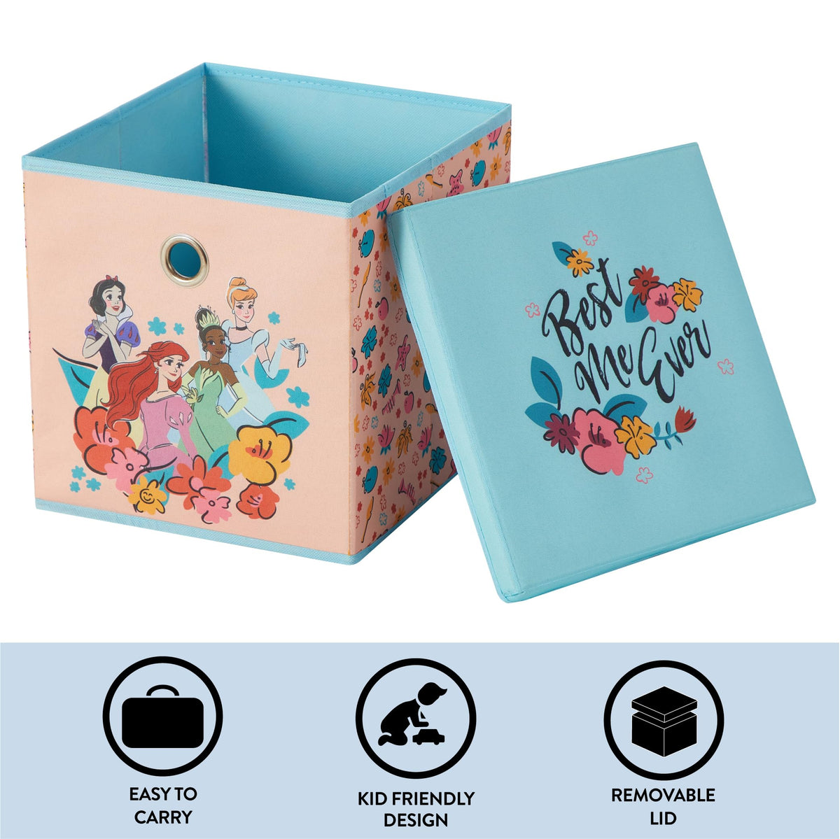 Idea Nuova Disney Princess Collapsible Fabric Storage Cube,10” Organizer Bin with Lid for Bedroom