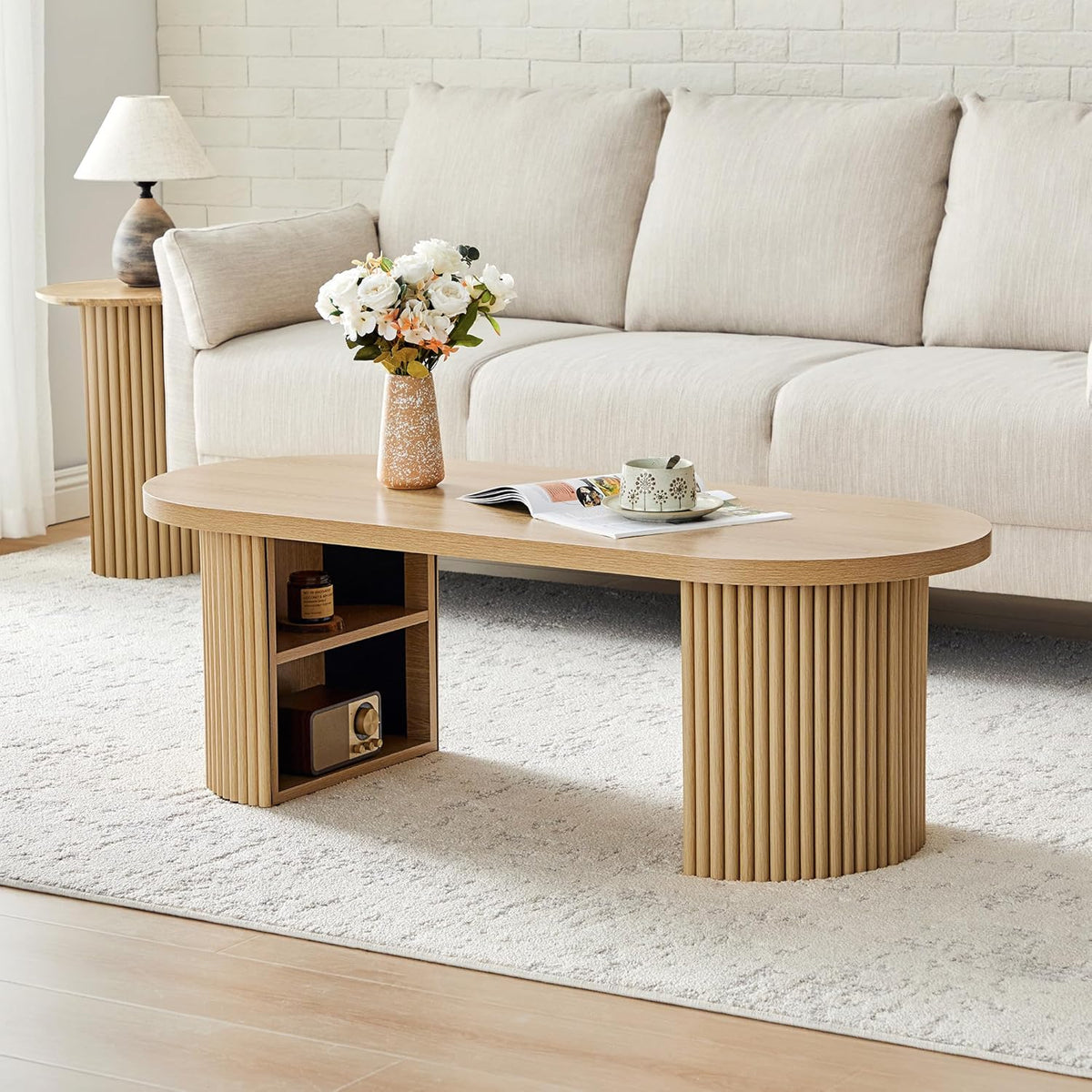 Oval Fluted Coffee Table, 47" Farmhouse Wood Coffee Table Mid Century Modern Center Table Boho