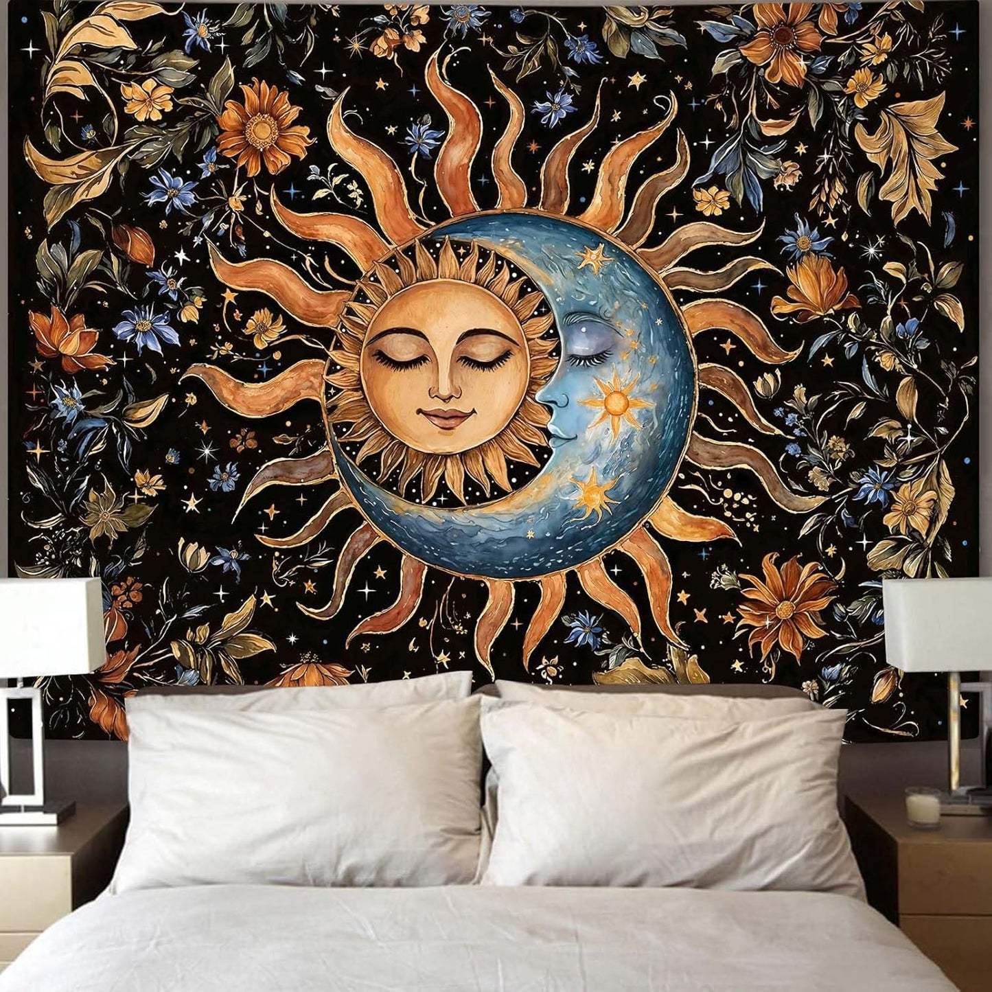 Aipon Sun and Moon Tapestry for Bedroom Boho Vintage Floral Hippie Wall Tapestry Aesthetic Retro
