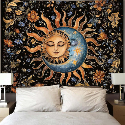 Aipon Sun and Moon Tapestry for Bedroom Boho Vintage Floral Hippie Wall Tapestry Aesthetic Retro