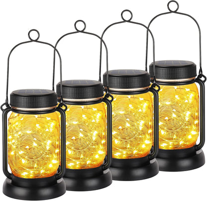 Mlambert 4 Pack Solar Hanging Lantern with Stakes, Outdoor Waterproof Solar Mason Jar Fairy String