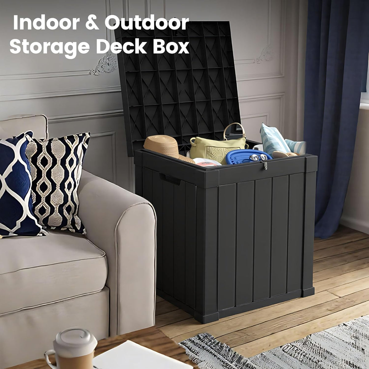 50 Gallon Storage Box, Waterproof Deck Box for Indoor & Outdoor Use, Lockable Pool Storage Bin for