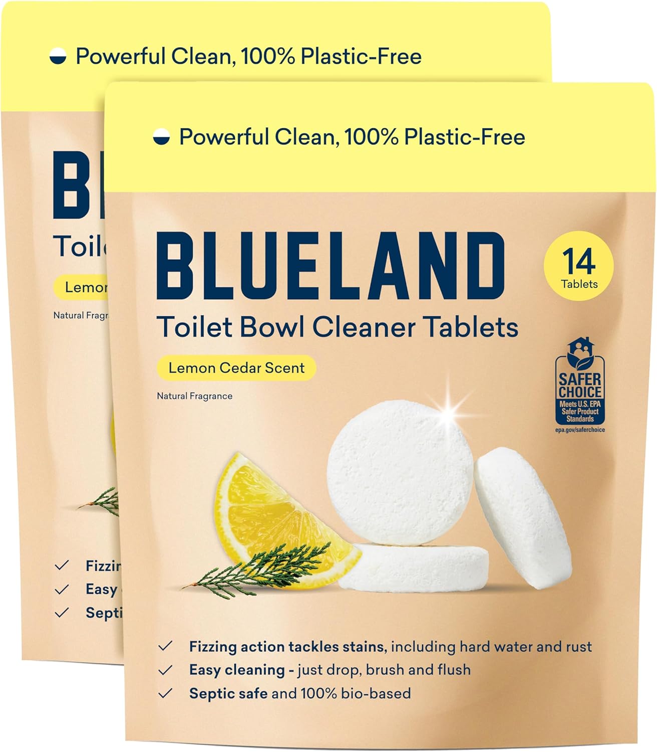 BLUELAND Toilet Bowl Cleaner Tablets, 2-Pack, 28 Count, Lemon Cedar, Plastic-Free, No Harsh