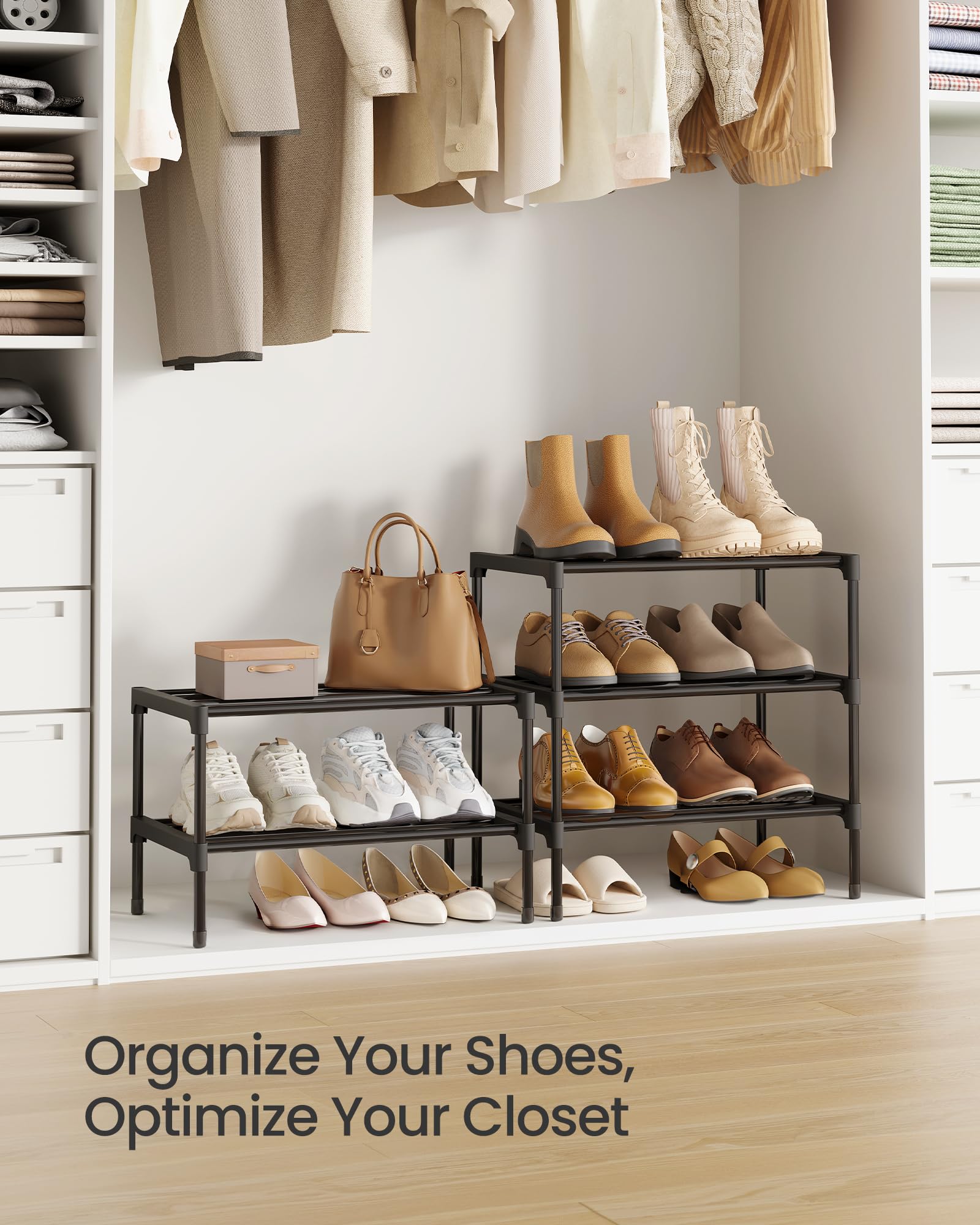SONGMICS 2-Tier Shoe Rack, Stackable Compact Metal Shoe Storage Organizer