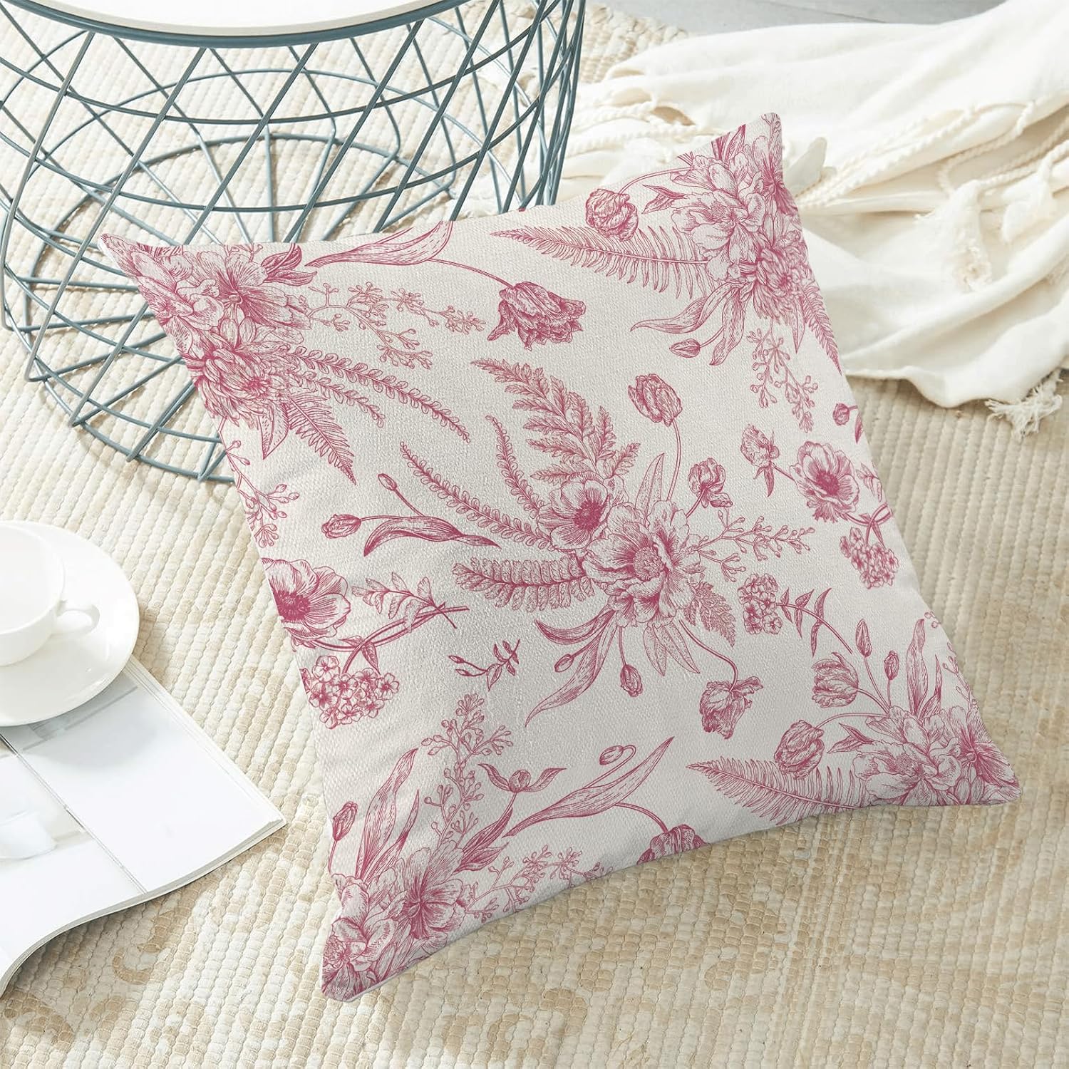 CXMEIFLY Hot Pink Spring Pillow Covers 18 x 18 Inch Set of 2 for Chinoiserie Flowers Decor Throw