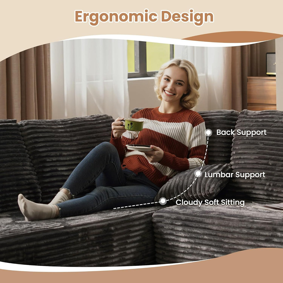 HOOOWOOO Cloud Sectional Couches for Living Room,Modular Sectional Sofa No Assembly,Plush Corduroy