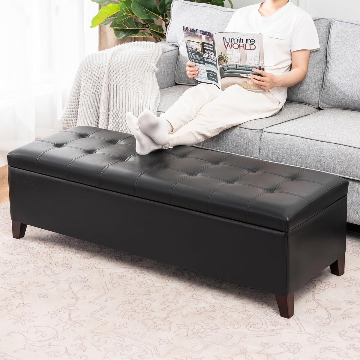 Joveco Storage Ottoman Bench, 51 Inch Leather Tufted Upholstered Bench for End Foot of Bed