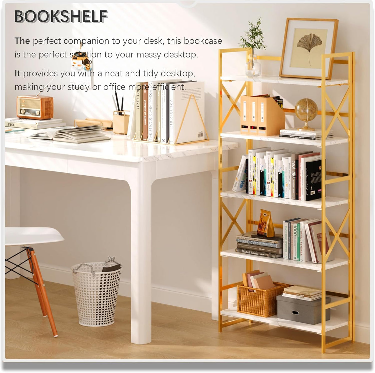 4NM 5 Tiers No Assembly Book Shelves, 51.2" H Folding Bookshelf Bookcase Open Industrial Foldable