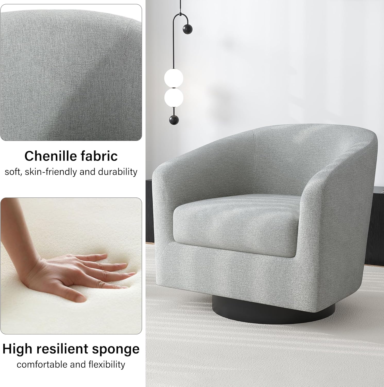 Swivel Barrel Accent Chair, Modern Round Chenille Fabric Arm Chair for Living Room, Bedroom, Comfy