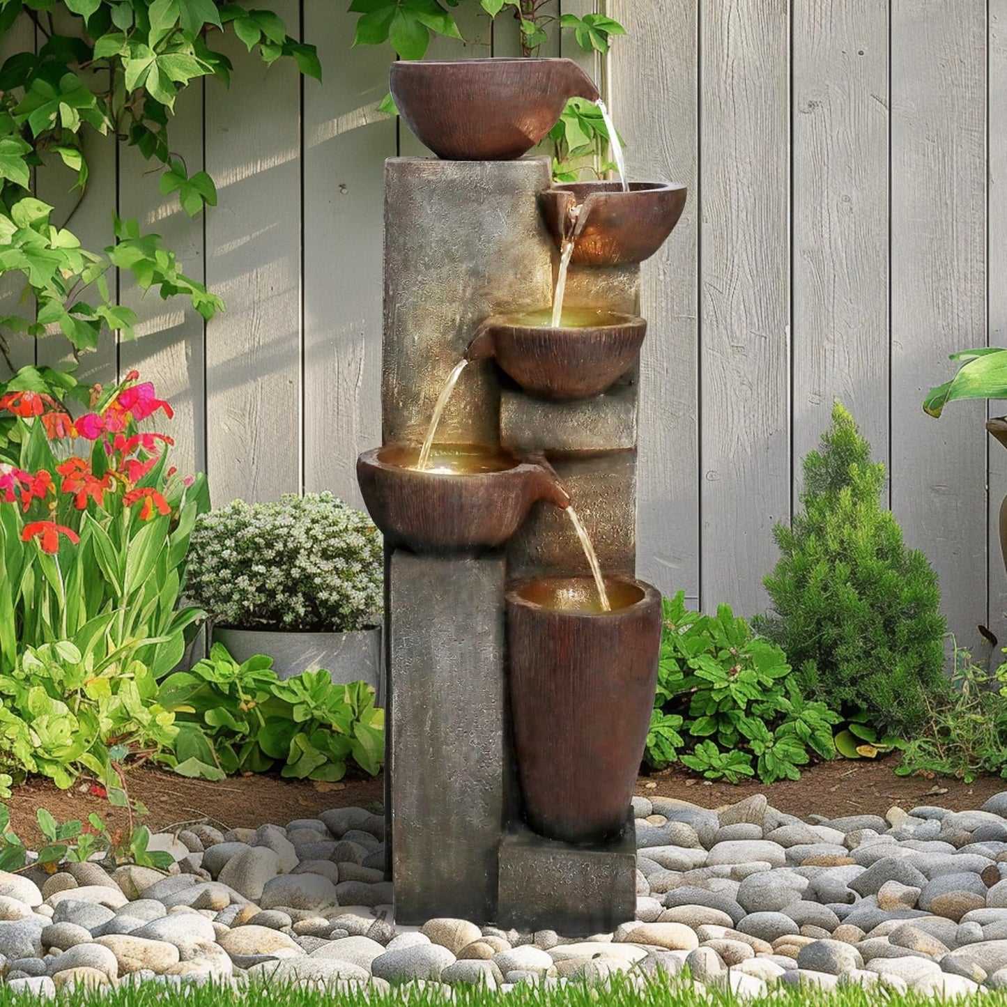 SunJet 5-Tier Cascading Indoor/Outdoor Water Fountain with LED Lights - 39.7" High Large Waterfall