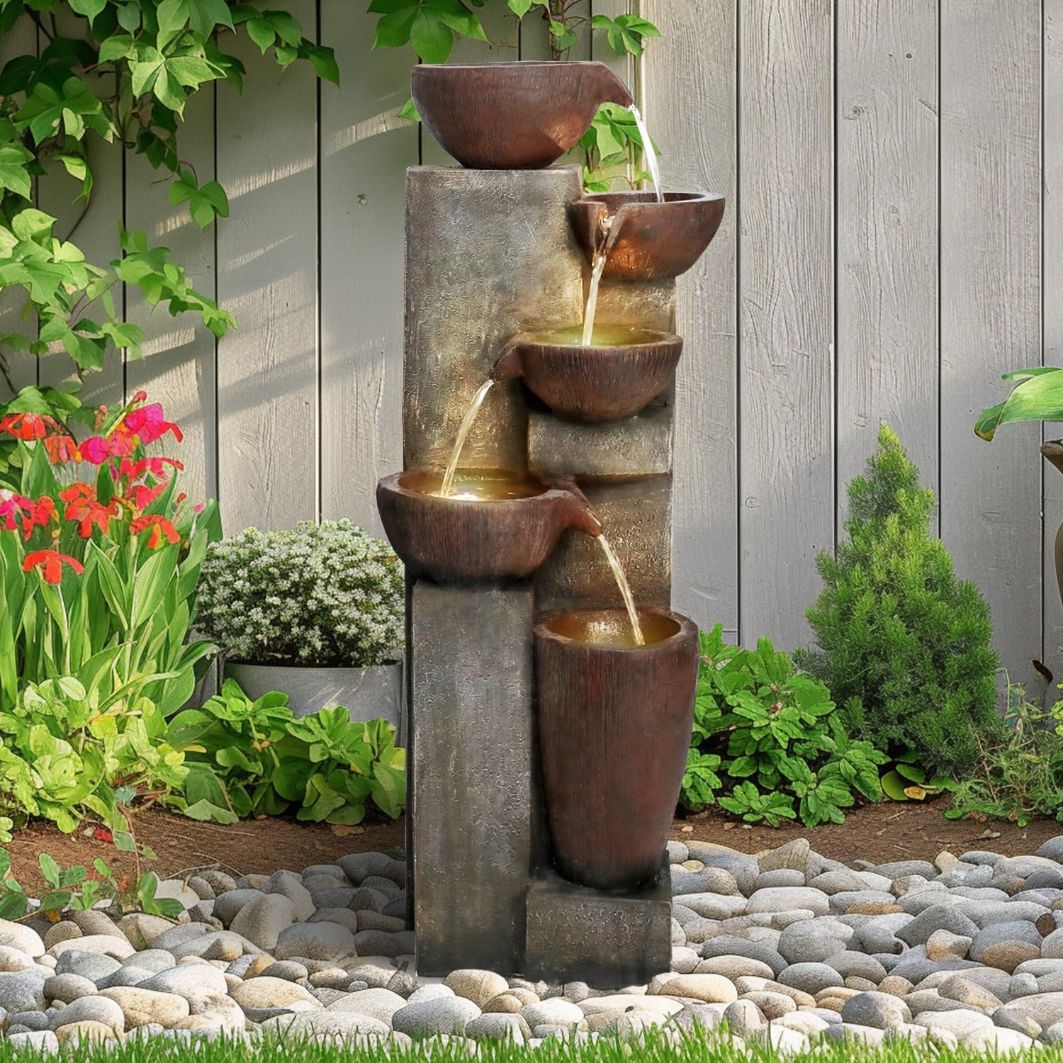 SunJet 5-Tier Cascading Indoor/Outdoor Water Fountain with LED Lights - 39.7" High Large Waterfall
