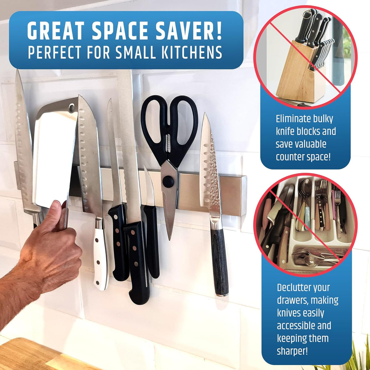 Strong Adhesive (No Drill) Magnetic Knife Holder for Wall - Professional 17 Inch Knife Strip - No