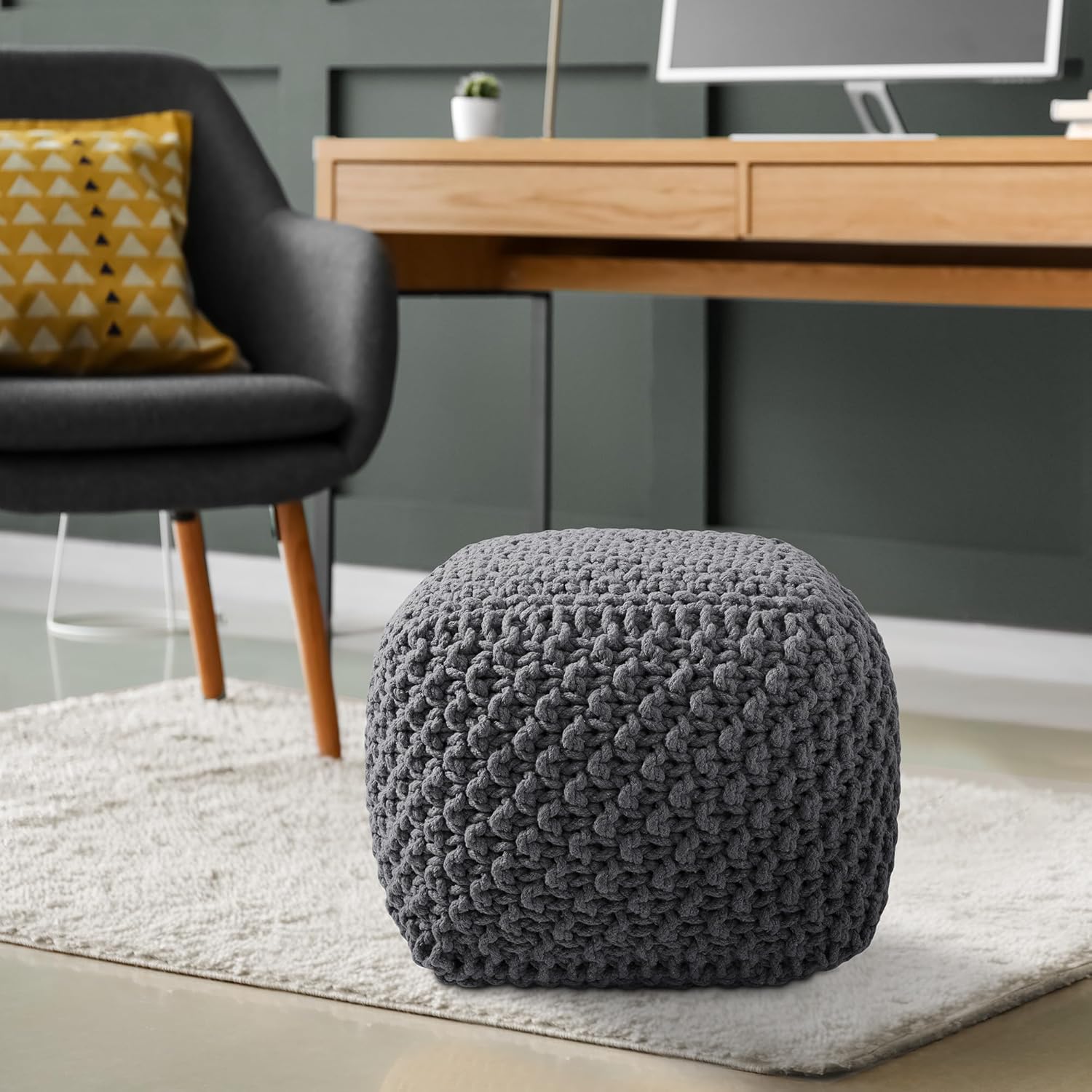 Casafield Square Pouf Ottoman, Dark Gray 18.5" W x 18.5" D x 14.5" H Cotton Knit Foot Stool - Boho