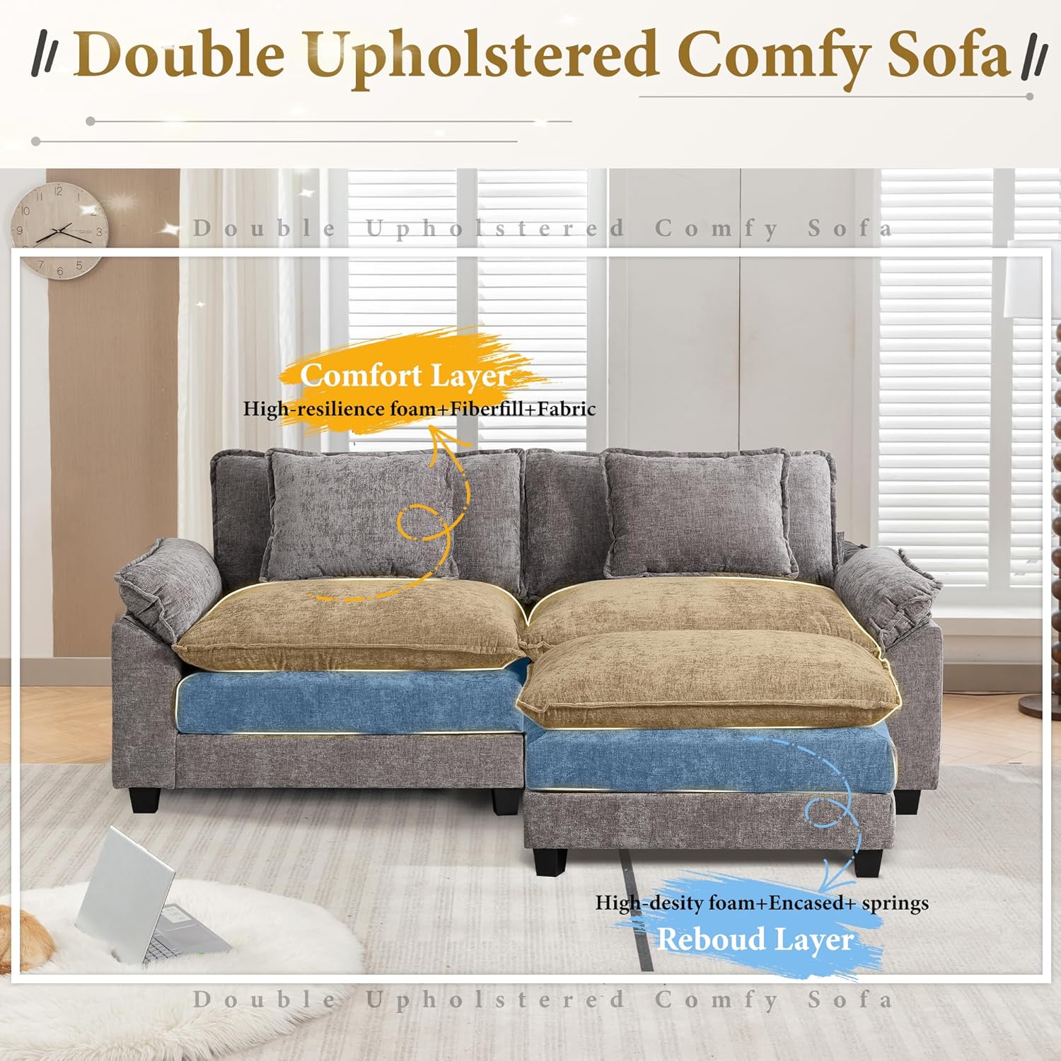 URRED Modular Sectional Sofa Comfy Cloud Couch, Modern Chenille Sofa Sleeper Deep Seat Couches with