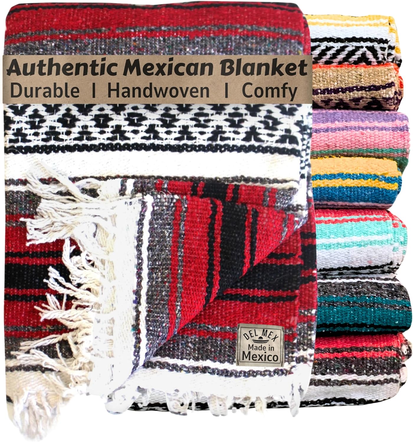 Del Mex Classic Mexican Blanket, Large Authentic Woven Falsa Throw (70"x50"), Artisan Southwest