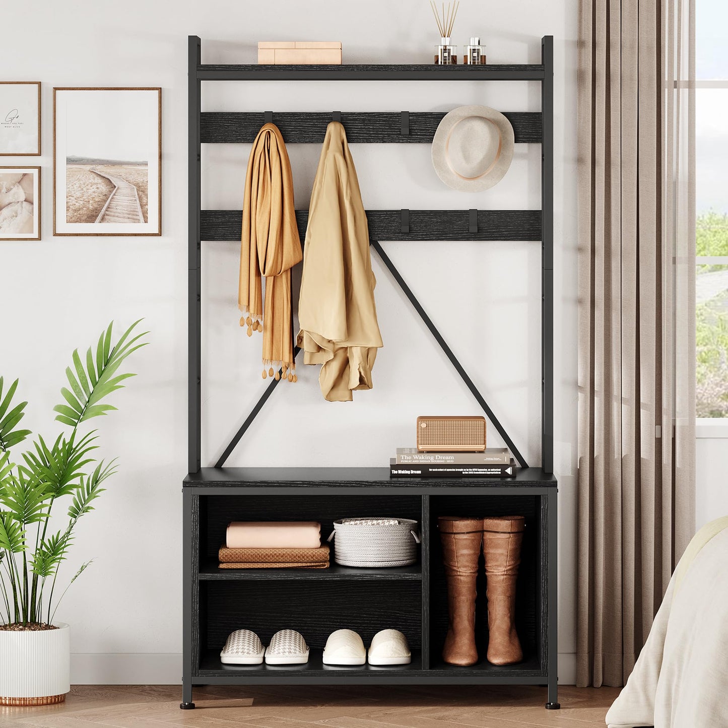 IDEALHOUSE Hall Tree with Bench Coat Rack Shoe Bench Industrial Coat Tree with Storage Cubbies