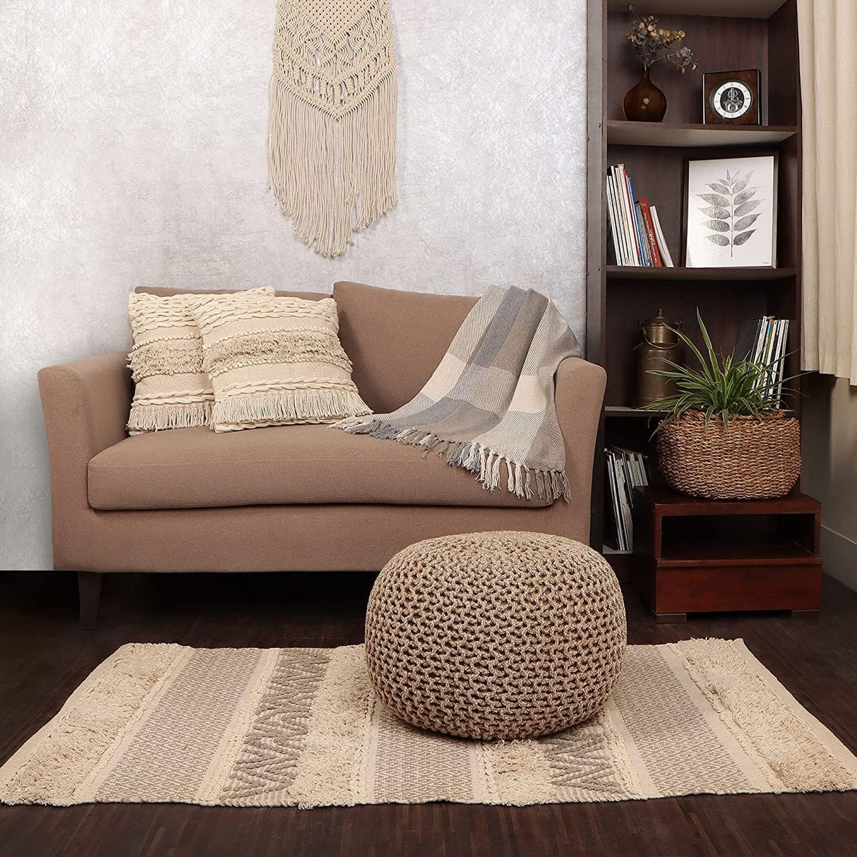REDEARTH Round Pouf Ottoman - Hand Knitted Cable Boho Poof Home Décor Pouffe Circular Footrest for