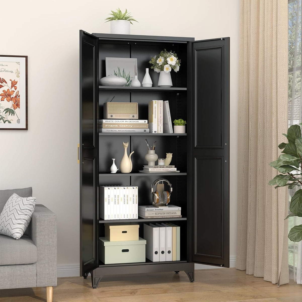 Kitchen Pantry Cabinet,75”Black Metal Storage Cabinets with Doors and 4 Adjustable Shelves,Kitchen