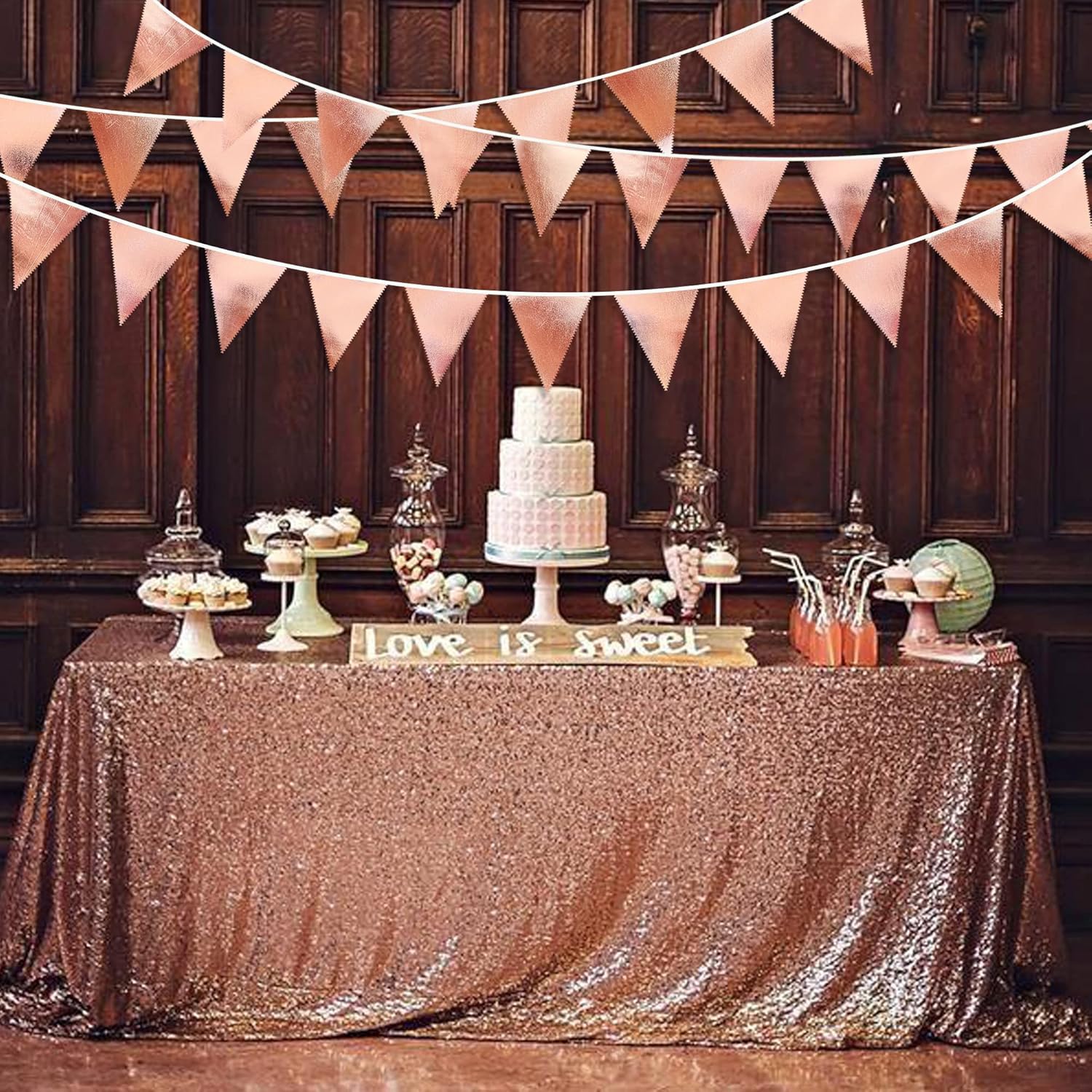 Rose Gold Party Decorations Metallic Fabric Triangle Pennant Banner Blush Pink Flag Bunting Garland