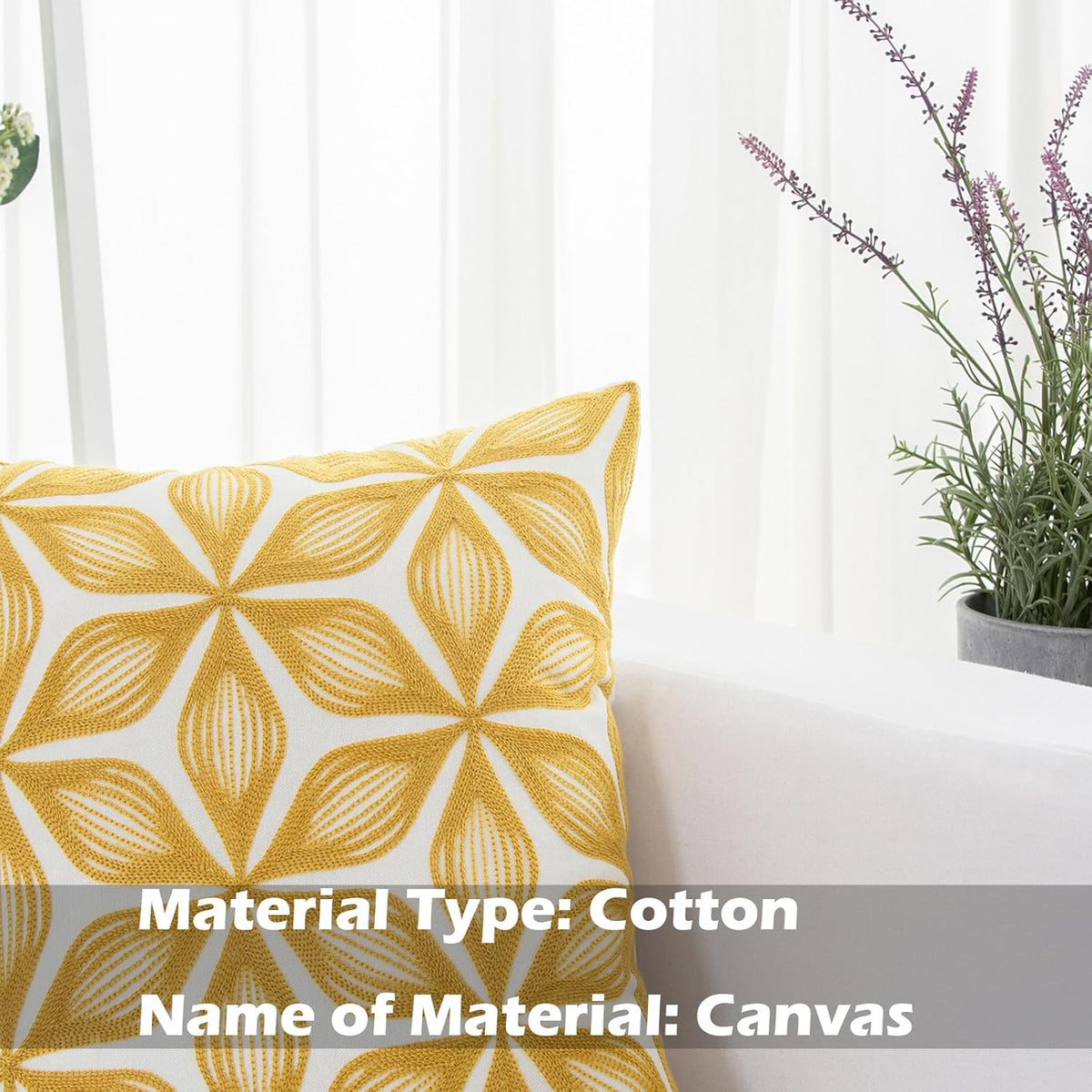 HWY 50 Yellow Decorative Throw Pillow Covers 18x18 Inch (1 Piece), Embroidered Cotton Farmhouse