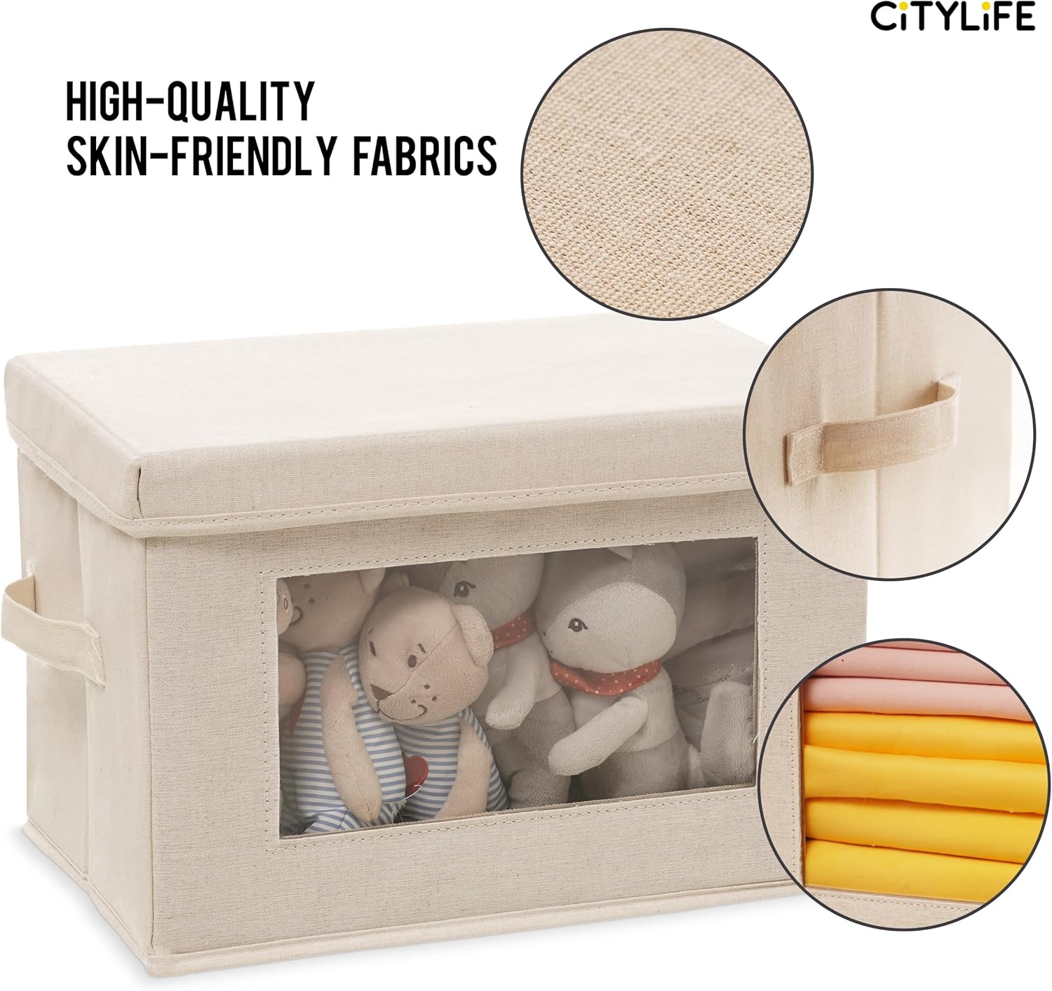 Citylife 3 Pack Storage Bins with Lids, Fabric Foldable Storage Bins with Soft Cord Handles, Canvas