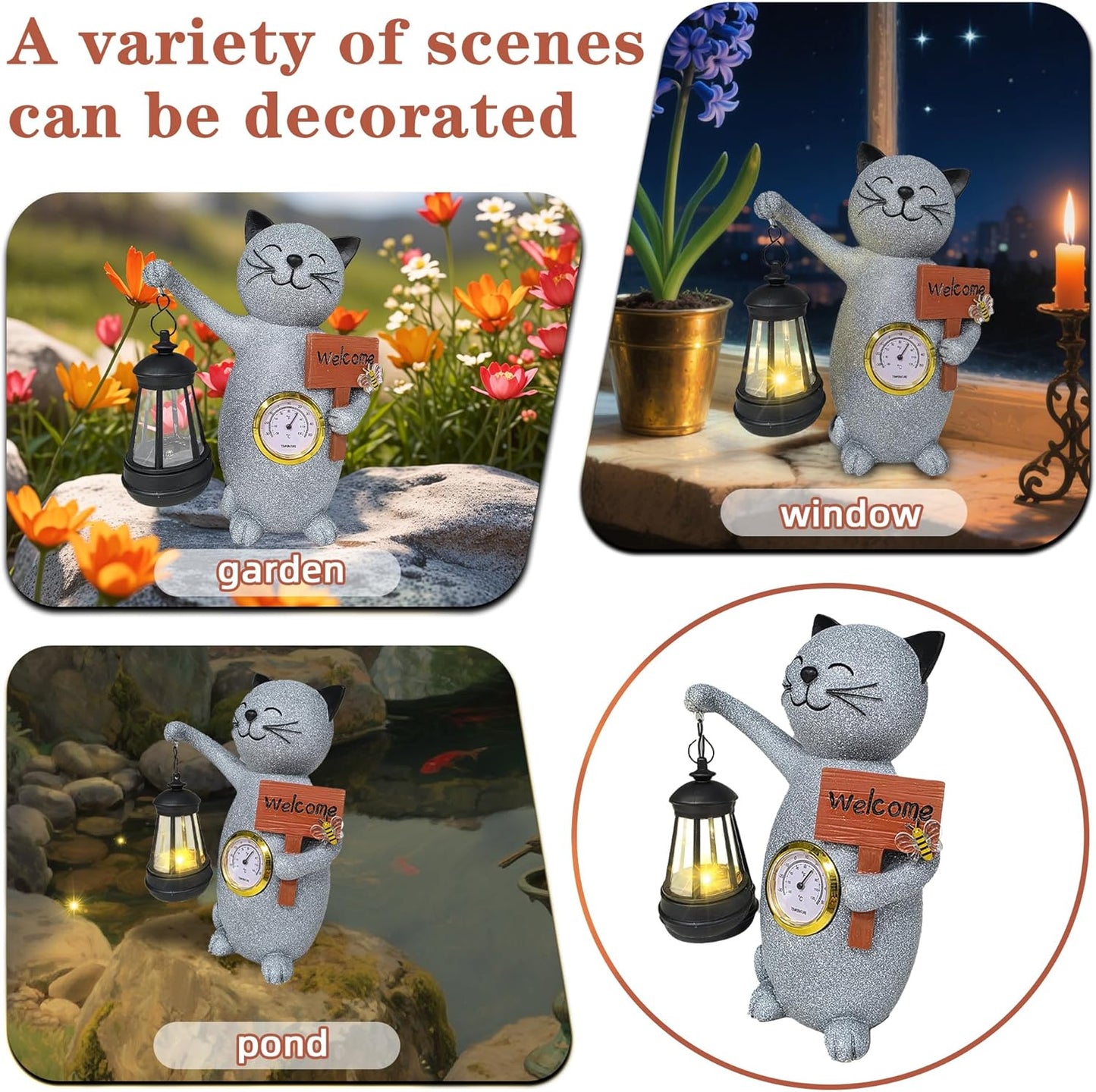 Solar Cat Outdoor Statues for Garden-Creative Thermometer-Lantern-Welcome Sign, Suitable for Yard