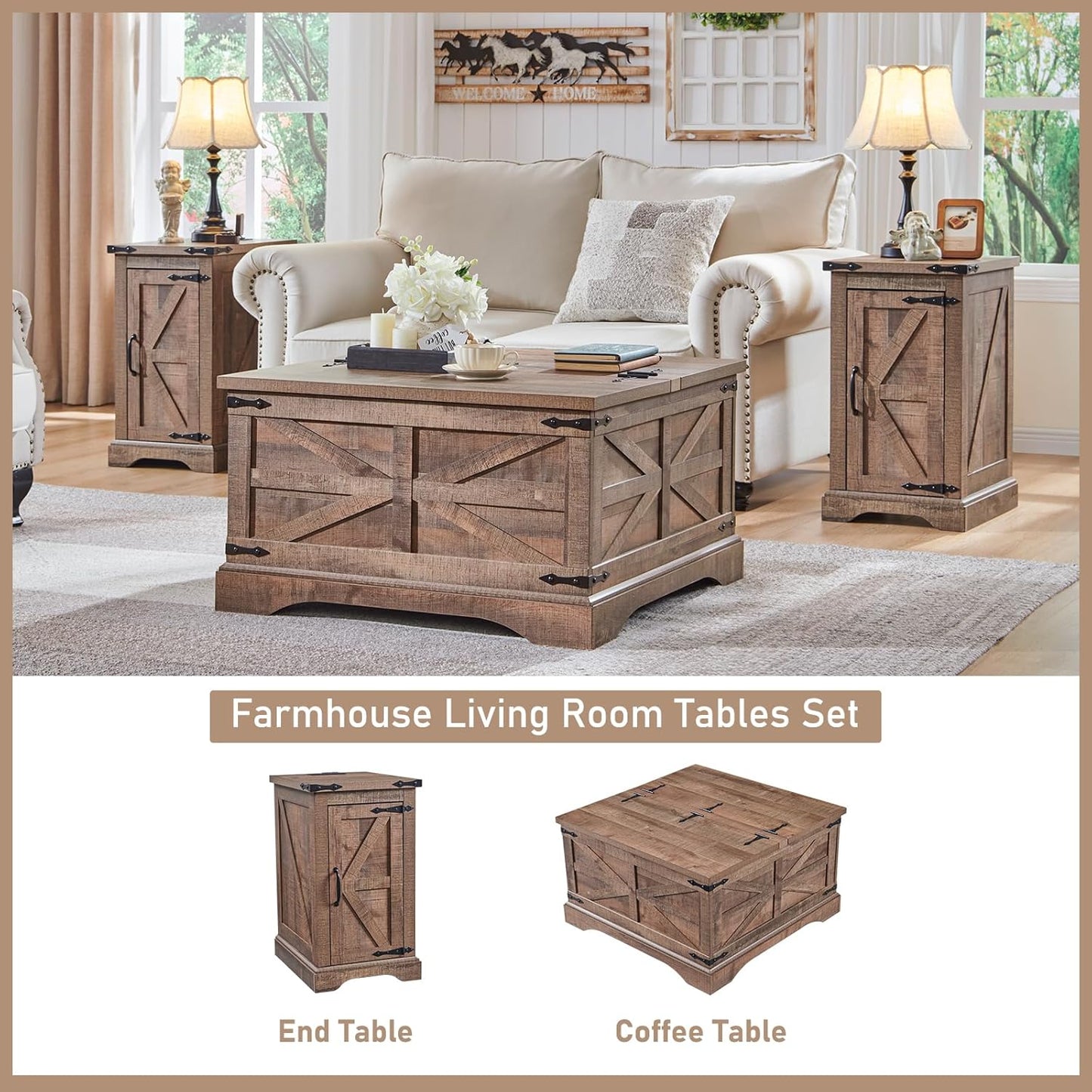 JXQTLINGMU Farmhouse Nightstand Set of 2 with Charging Station, 17"D Rectangular End Table with