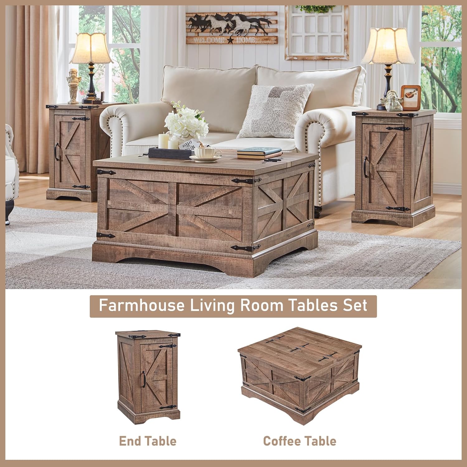 JXQTLINGMU Nightstand with Charging Station, Rectangular Farmhouse End Table with Barn Door and